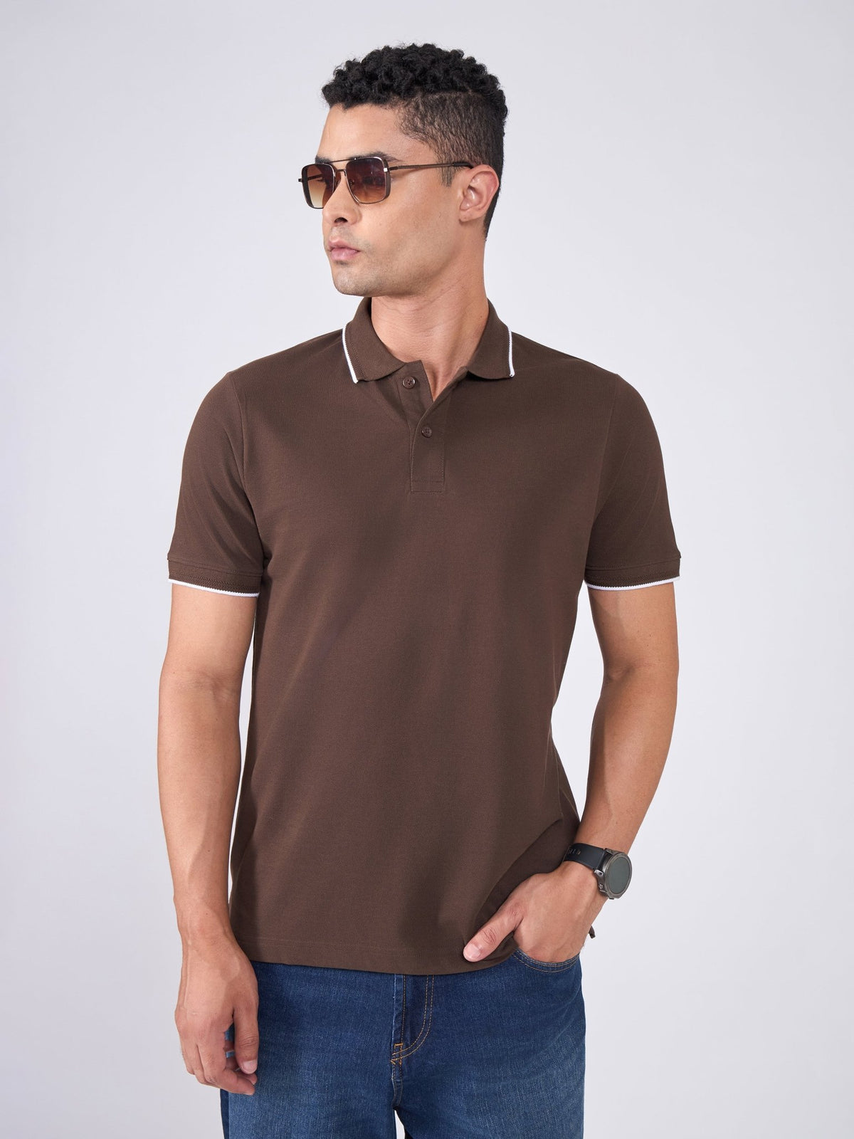 Orwell - Polo T-Shirt with Contrast Tipping - Dark Coffee - Espanshe
