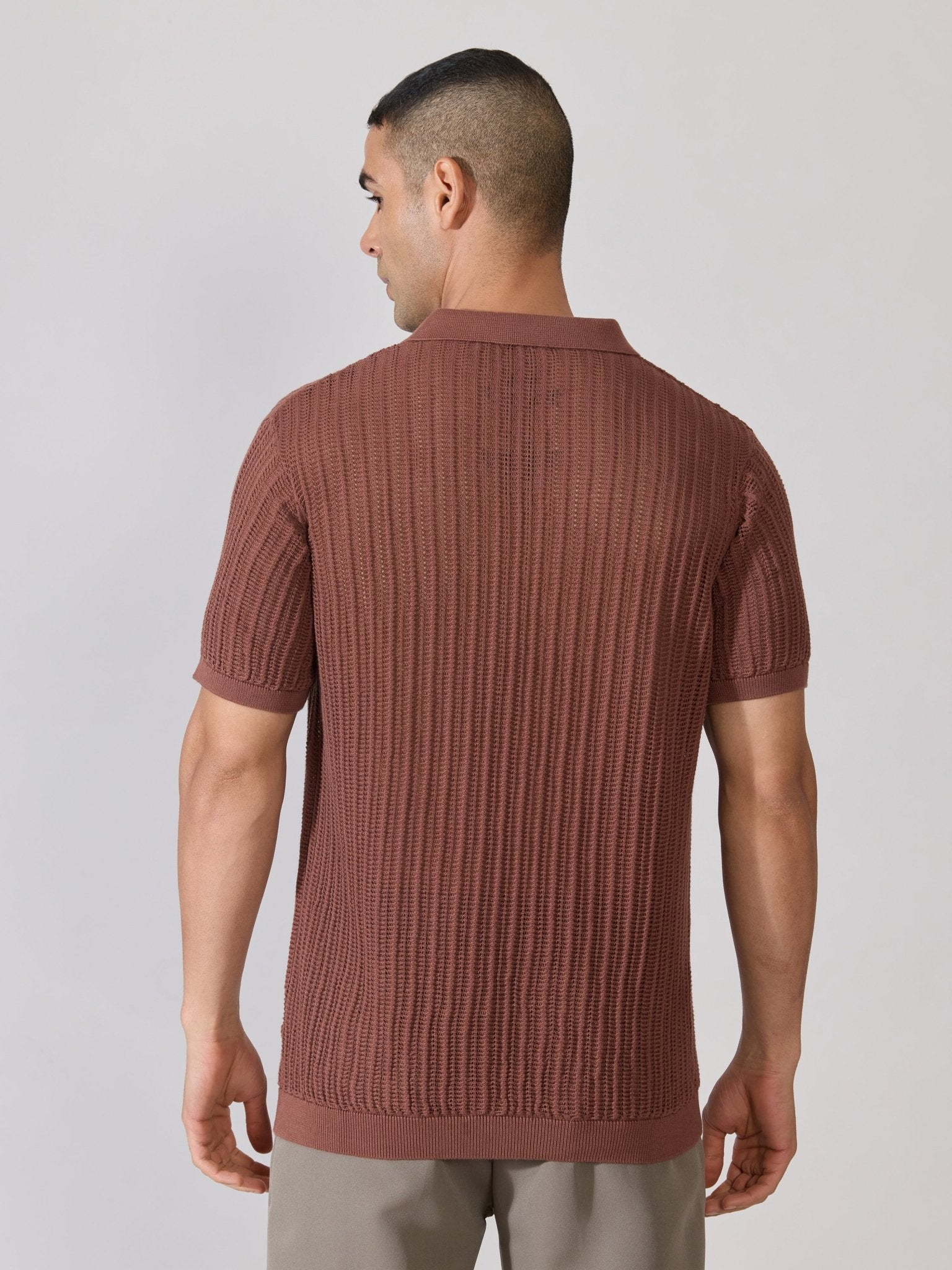 Kikeos-2 - Regular Fit Open Knit Polo T-Shirt - Root Beer - Espanshe