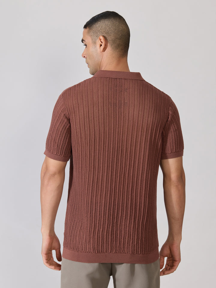 Regular Fit Open Knit Polo T-Shirt in Root Beer