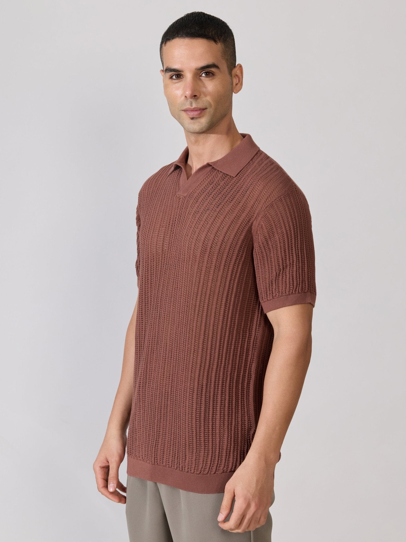 Kikeos-2 - Regular Fit Open Knit Polo T-Shirt - Root Beer - Espanshe