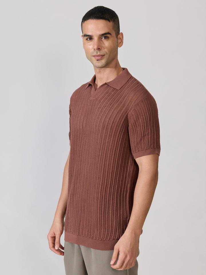 Regular Fit Open Knit Polo T-Shirt in Root Beer