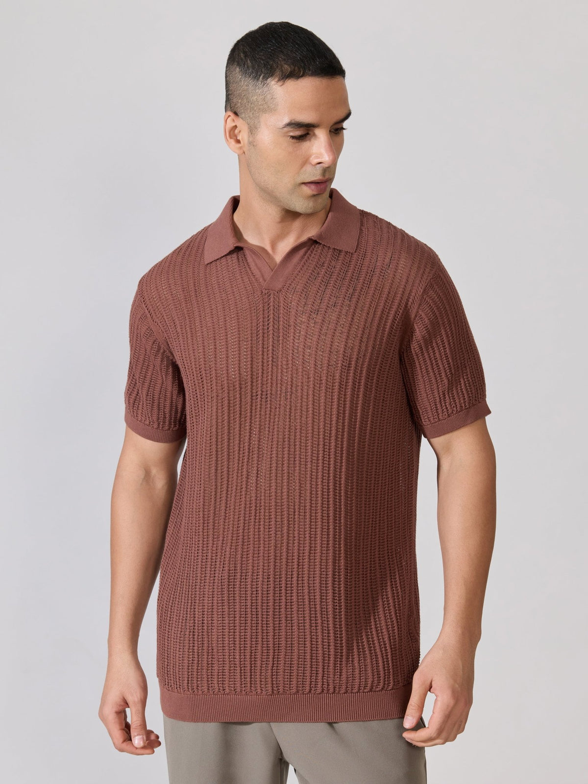 Kikeos-2 - Regular Fit Open Knit Polo T-Shirt - Root Beer - Espanshe