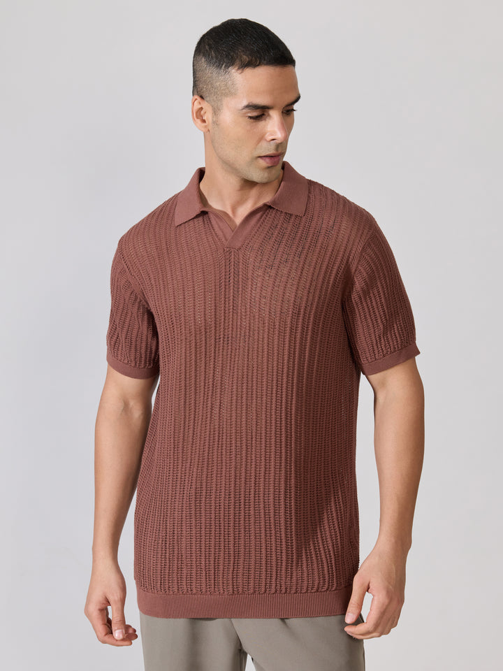 Regular Fit Open Knit Polo T-Shirt in Root Beer