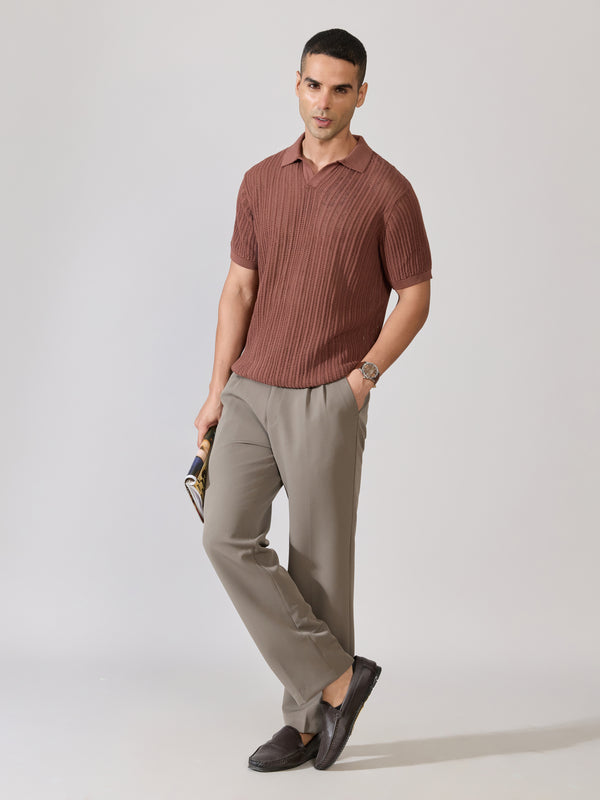 Regular Fit Open Knit Polo T-Shirt in Root Beer