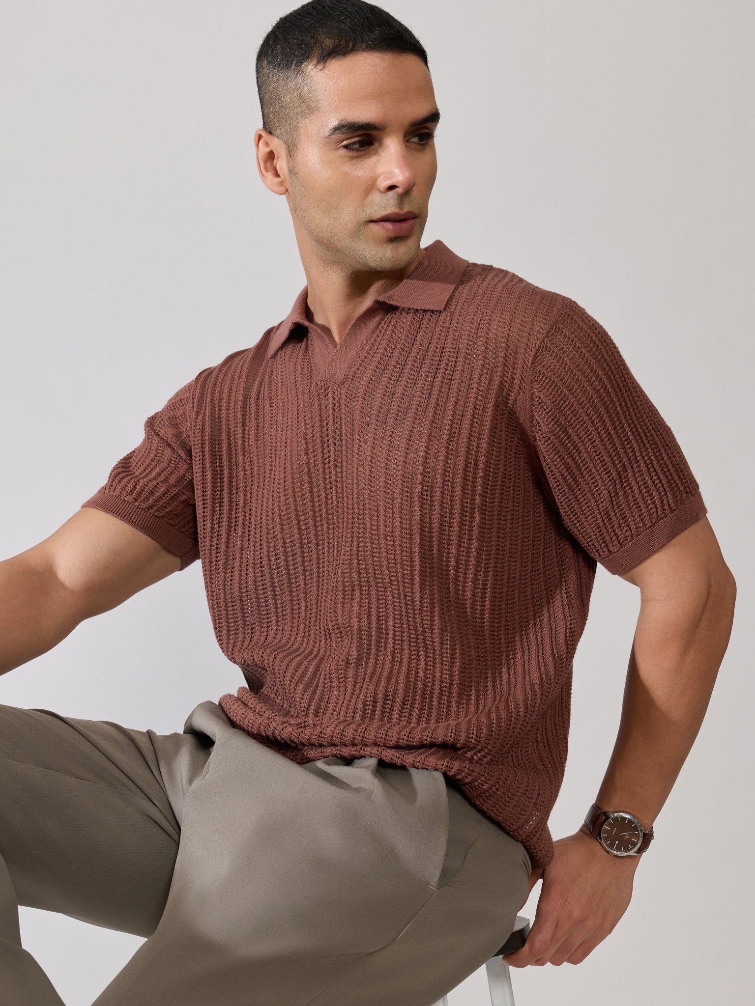 Kikeos-2 - Regular Fit Open Knit Polo T-Shirt - Root Beer - Espanshe