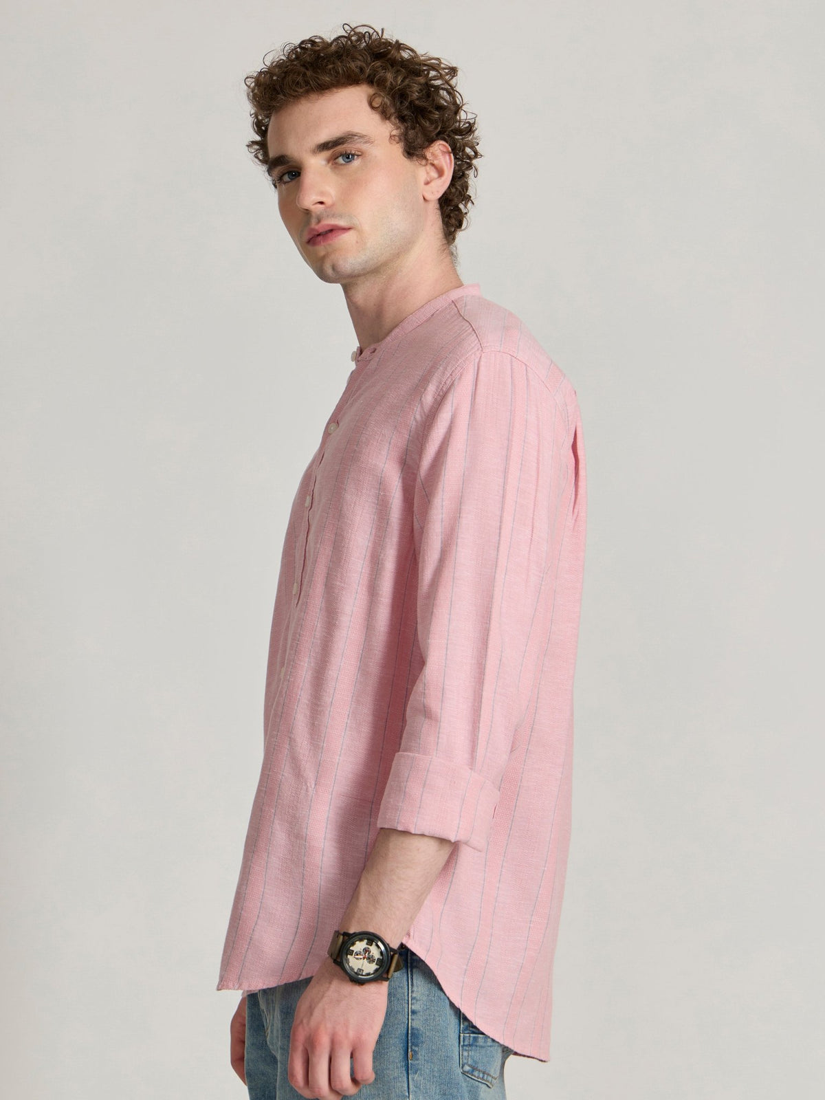 Salvator - Band Collar Striped Shirt - Pink - Espanshe