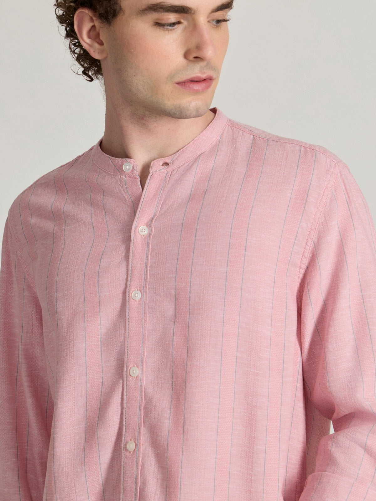 Salvator - Band Collar Striped Shirt - Pink - Espanshe