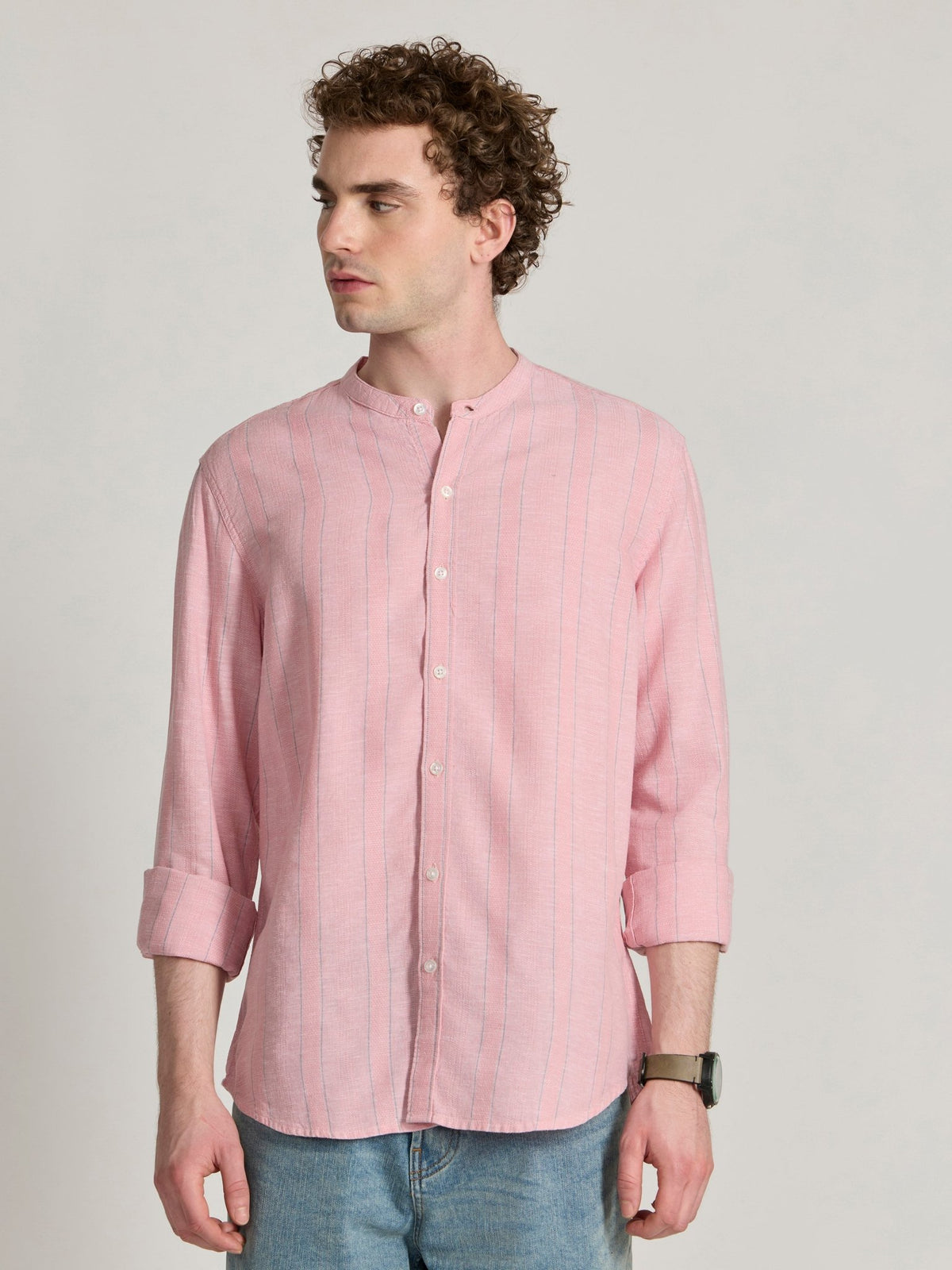 Salvator - Band Collar Striped Shirt - Pink - Espanshe