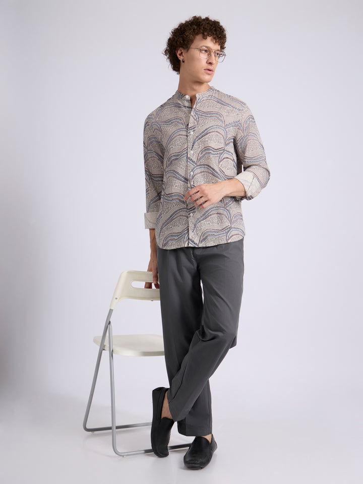 men's Band Collar Printed Shirt - blue