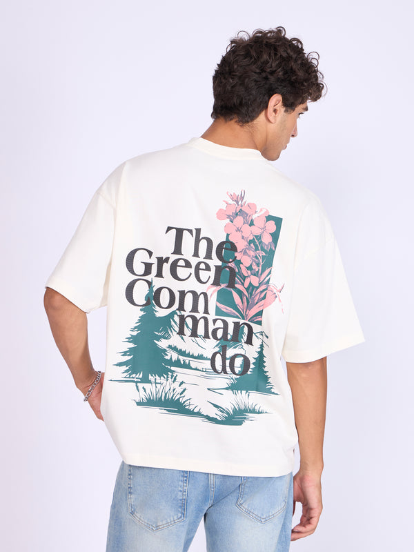 Everston - The Green Commando Printed Baggy T-Shirt - Cream