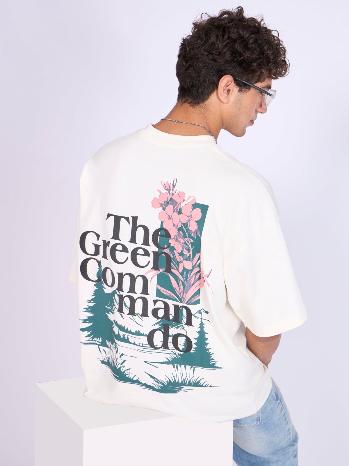 Everston - The Green Commando Printed Baggy T-Shirt - Cream - Espanshe