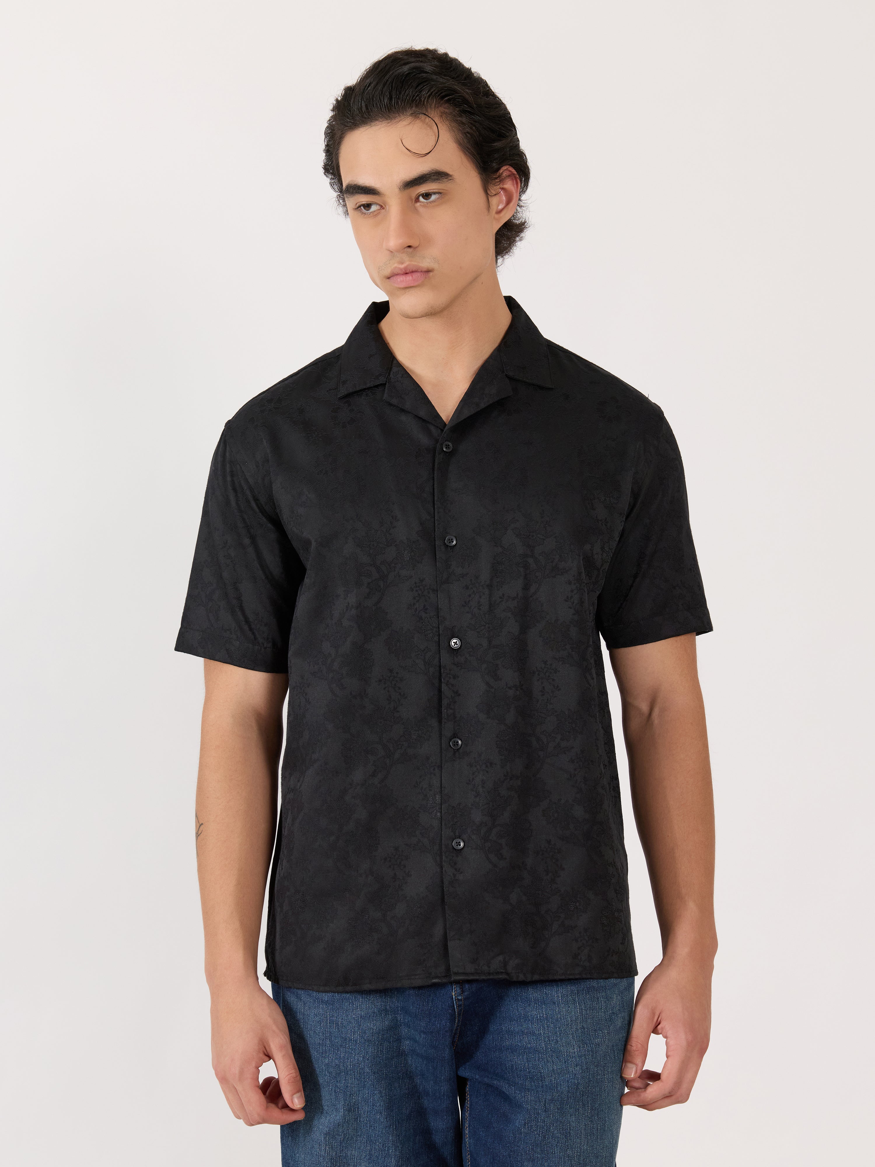 Men's Embroidered Cuban Collar Shirt - black