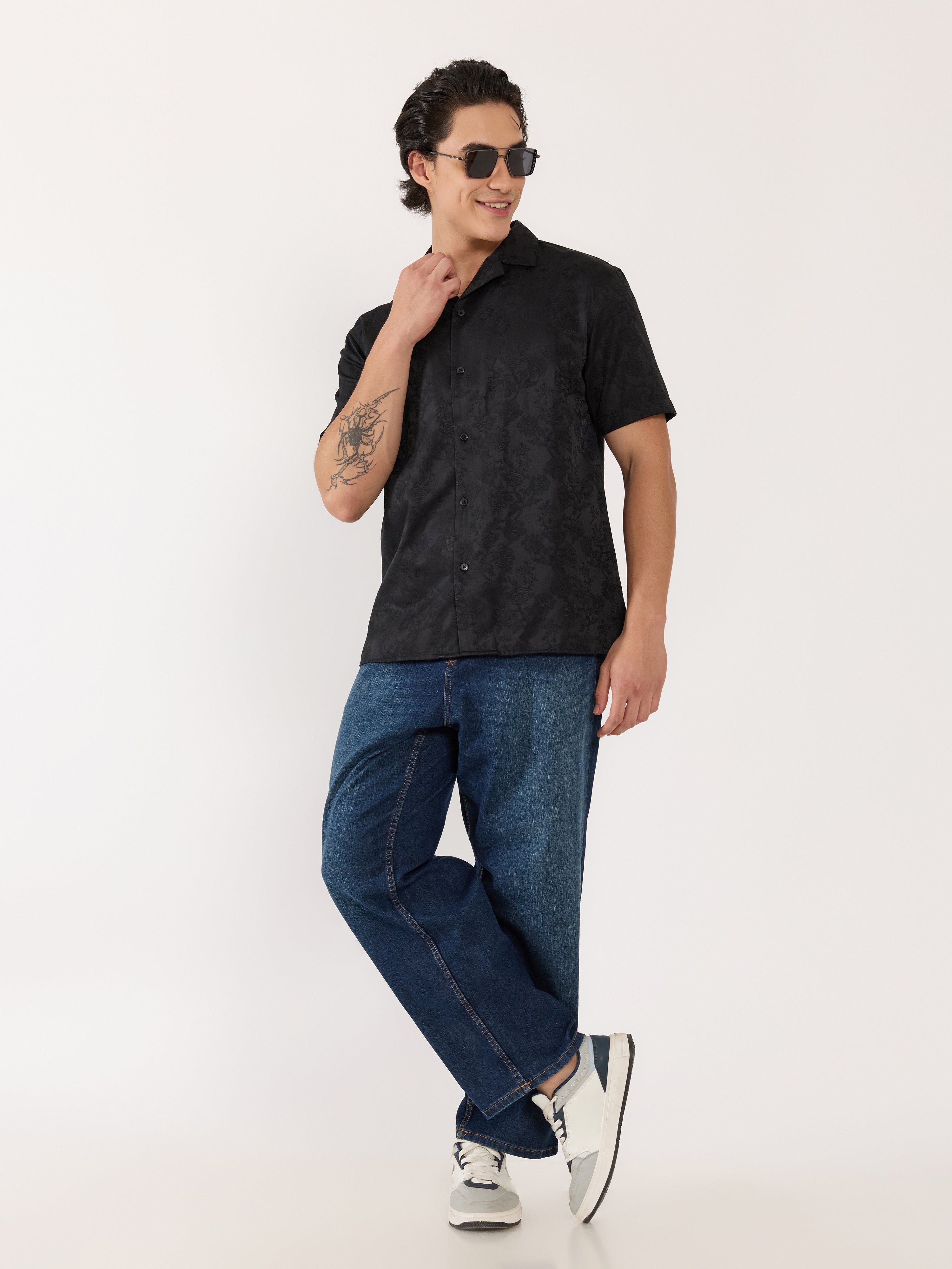 Men's Embroidered Cuban Collar Shirt - black