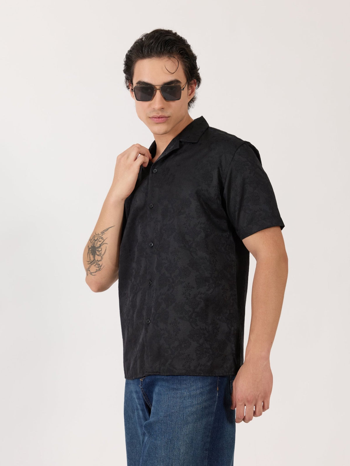 Pova - Embroidered Cuban Collar Shirt - Black - Espanshe