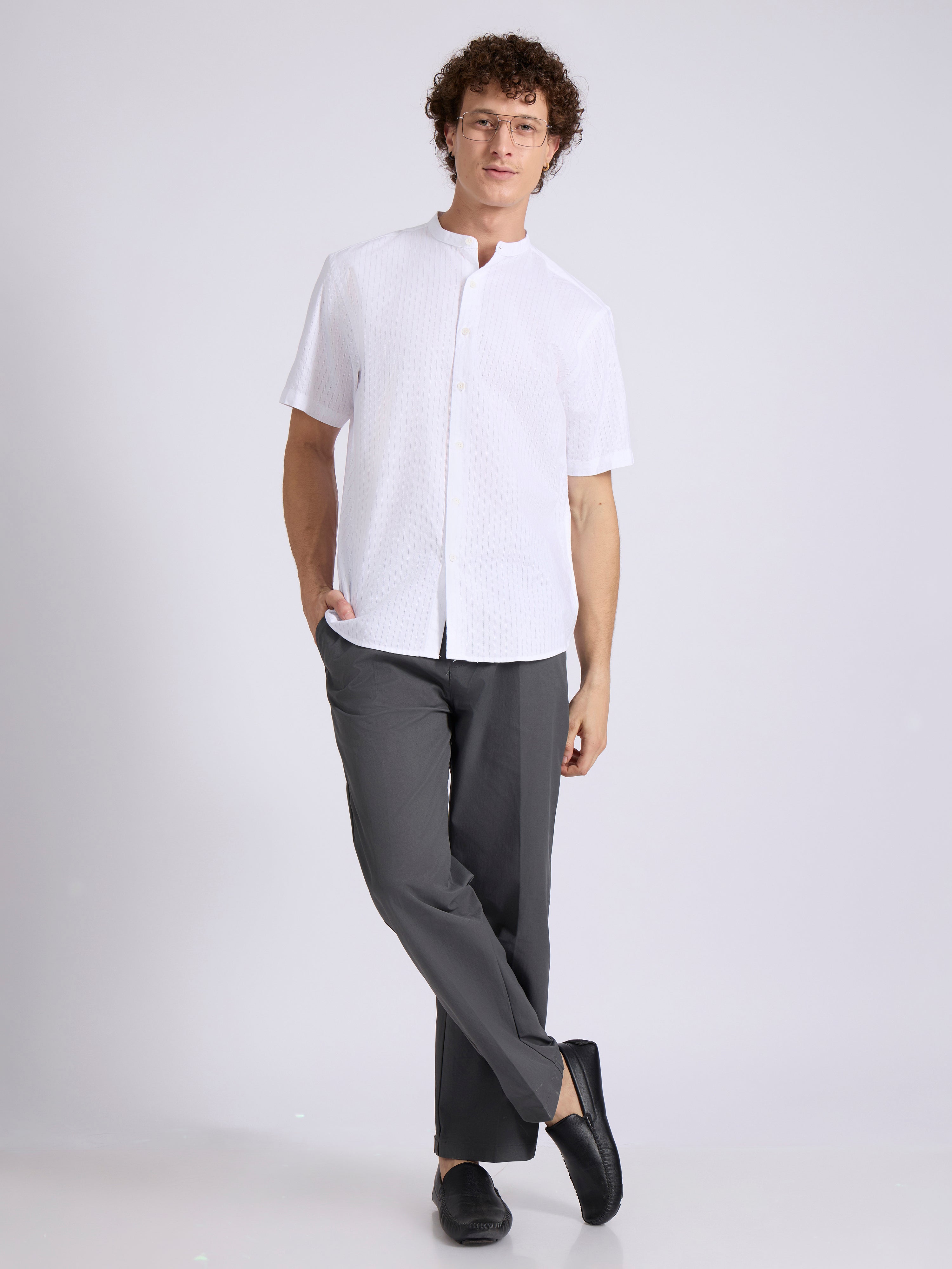 Men's Band Collar Striped Shirt in Black