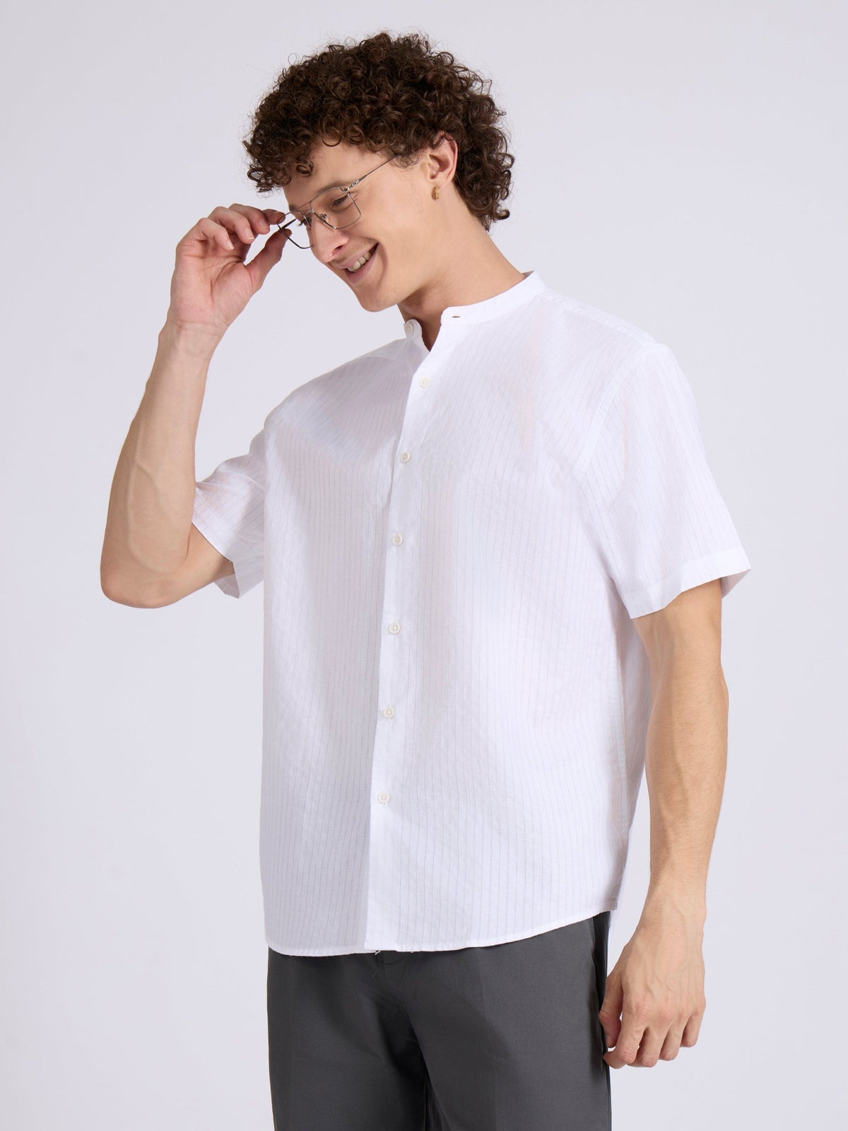 Zabriel - Band Collar Striped Shirt - White - Espanshe