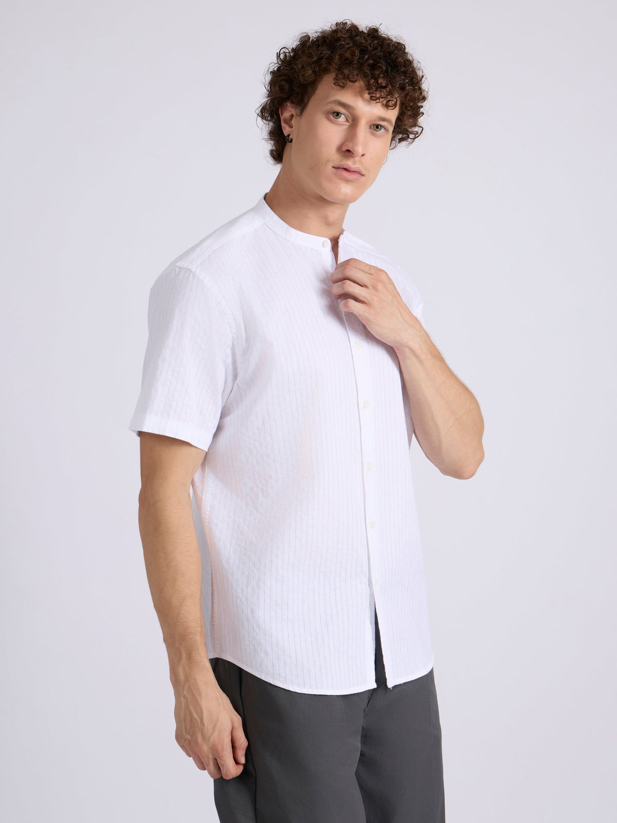 Zabriel - Band Collar Striped Shirt - White - Espanshe