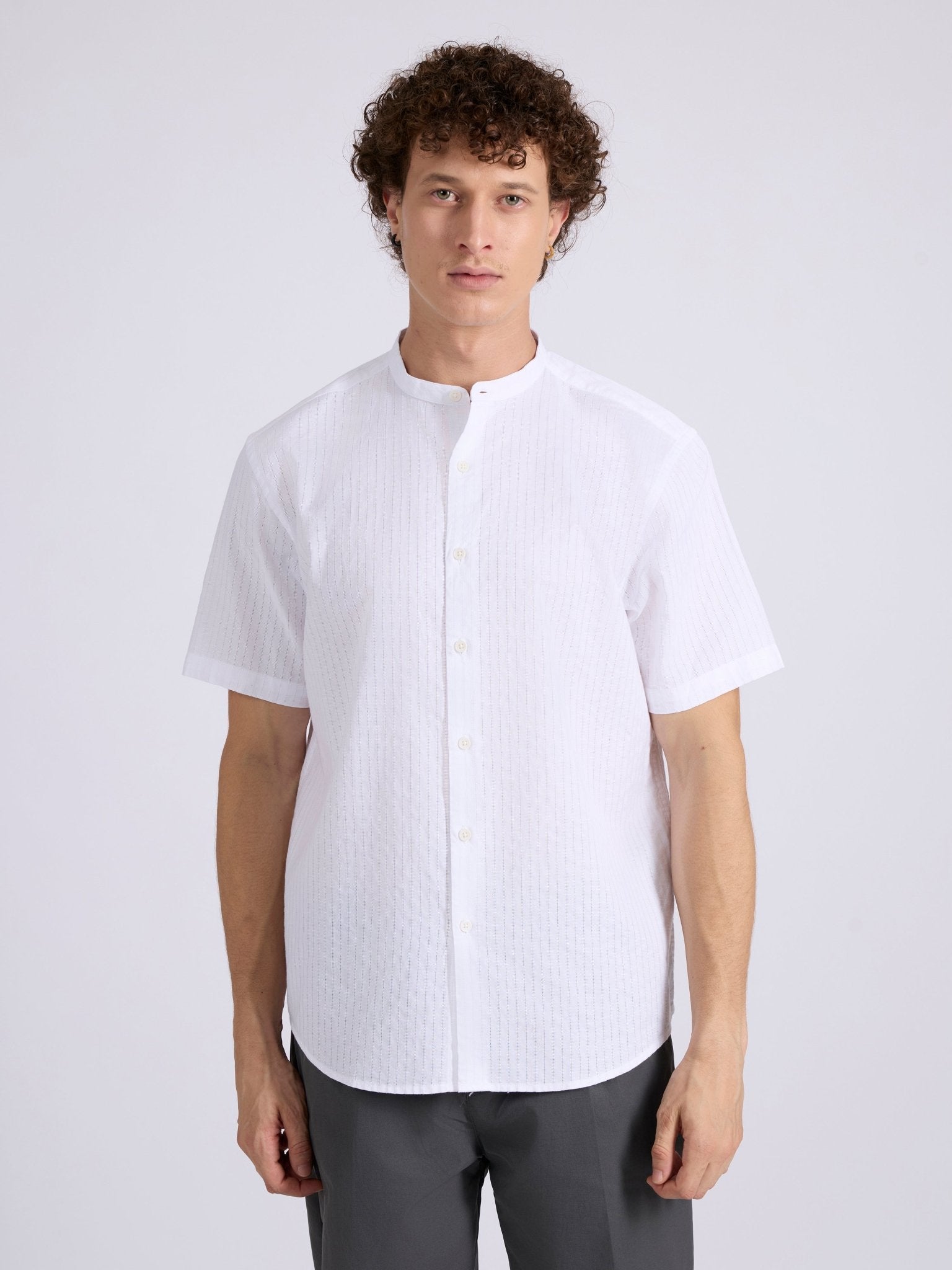 Zabriel - Band Collar Striped Shirt - White - Espanshe
