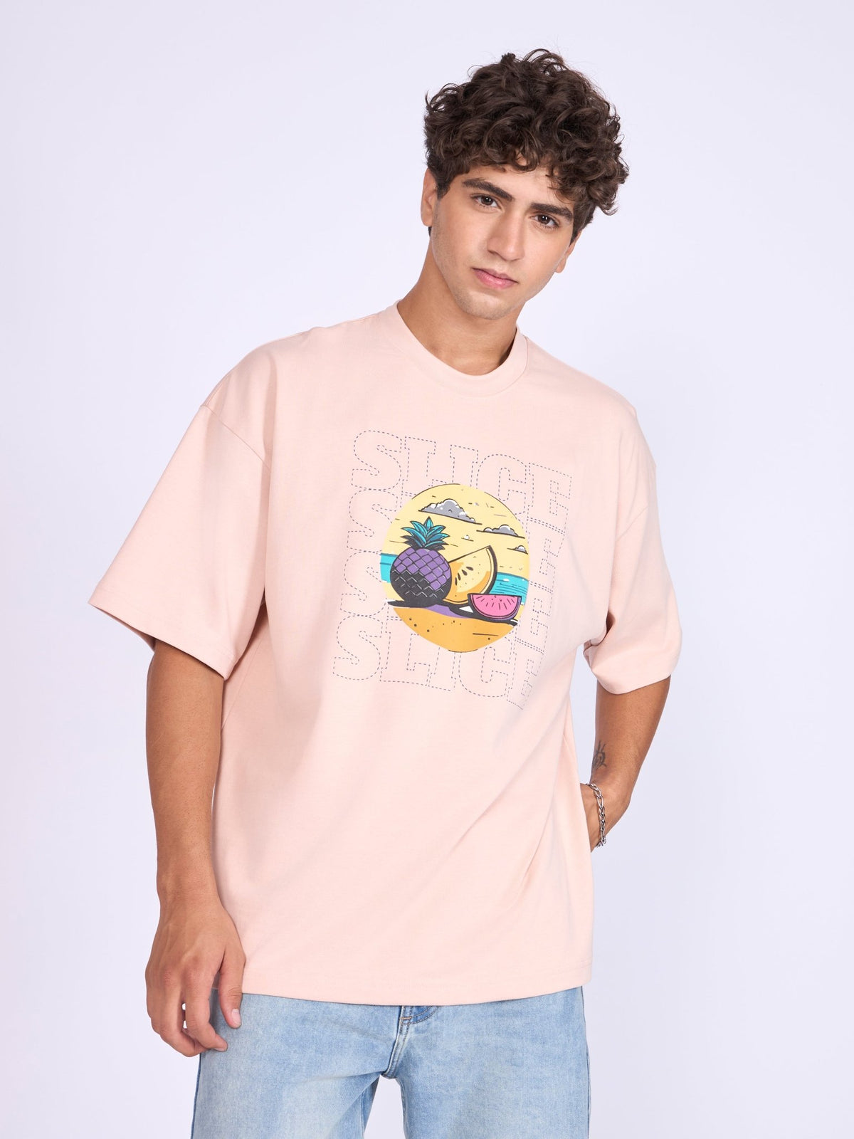 Everston - Slice Printed Baggy T-Shirt - Peach Pink - Espanshe