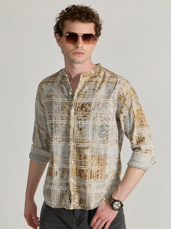 Nevan - Band Collar Checkered Print Shirt - Golden Brown