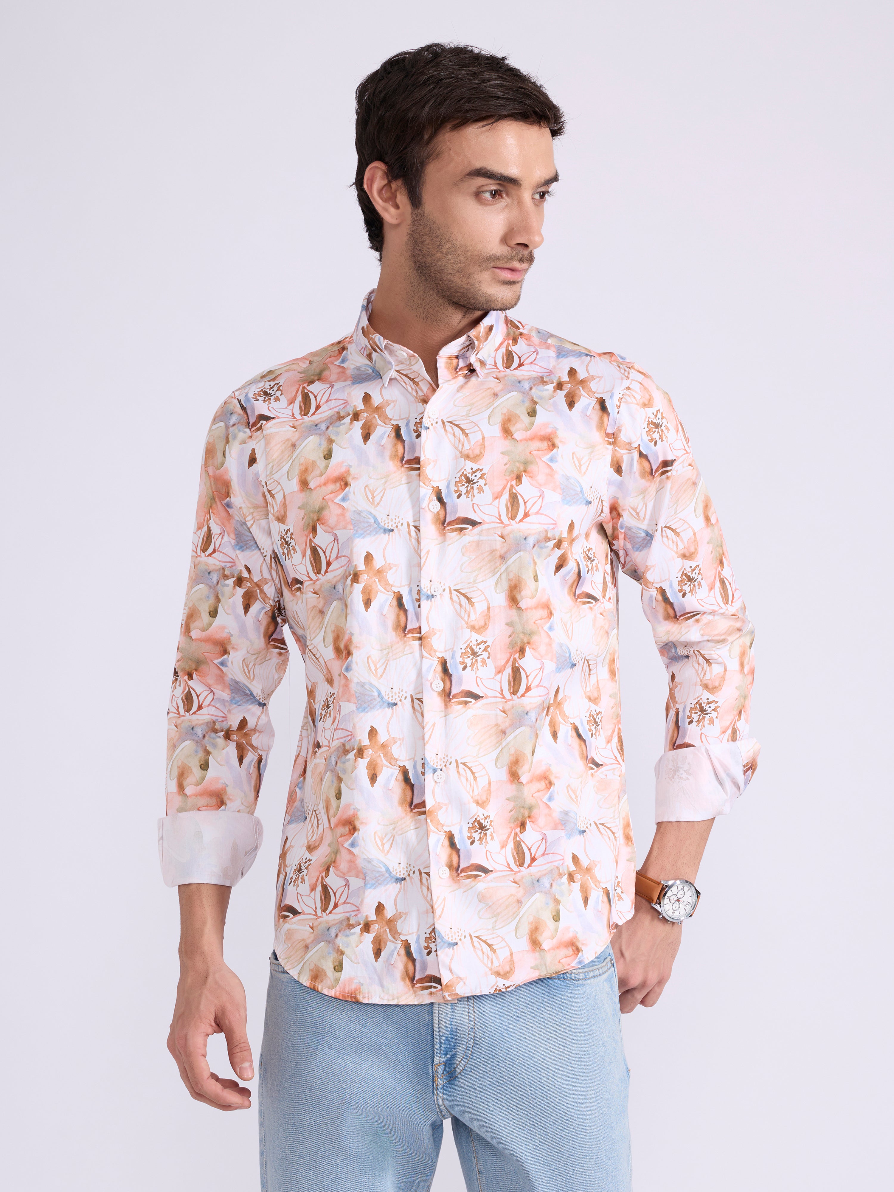 Men's Satin Floral Printed Shirt in light orange 