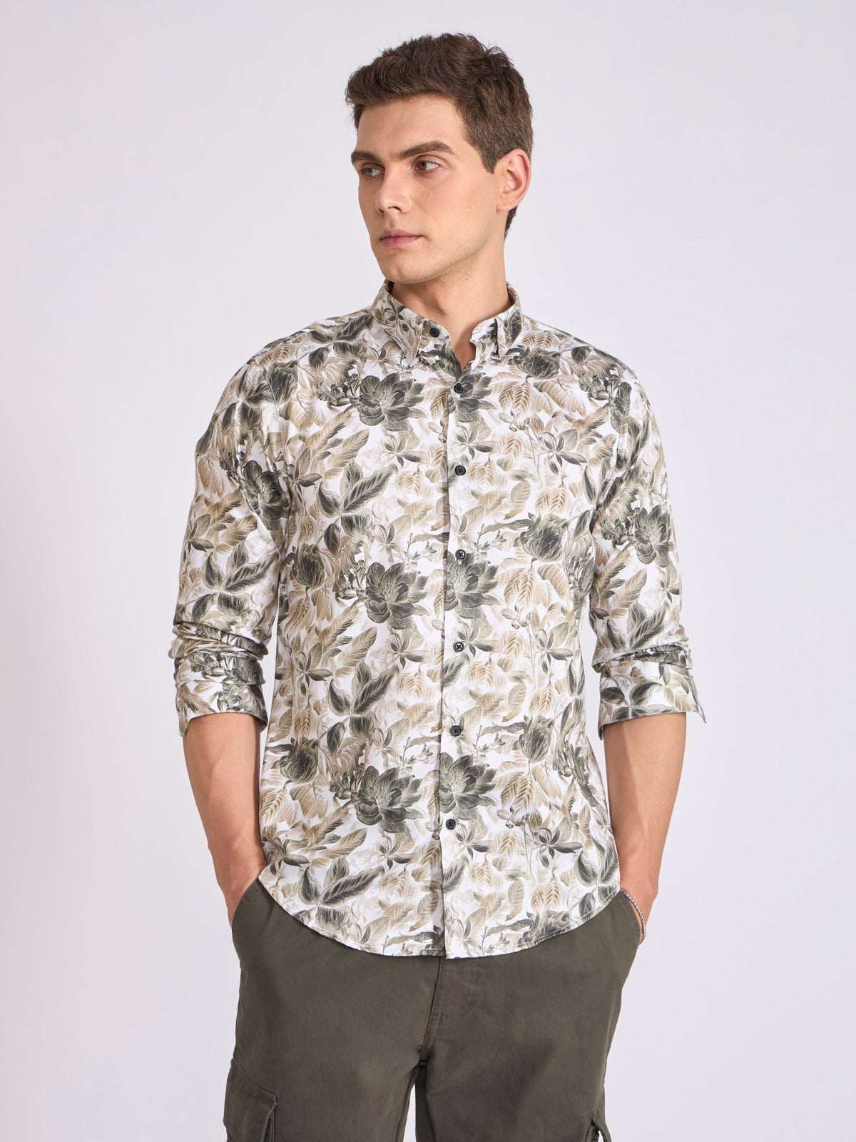Ulfred - Satin Floral Printed Shirt - Dark Sea Green - Espanshe