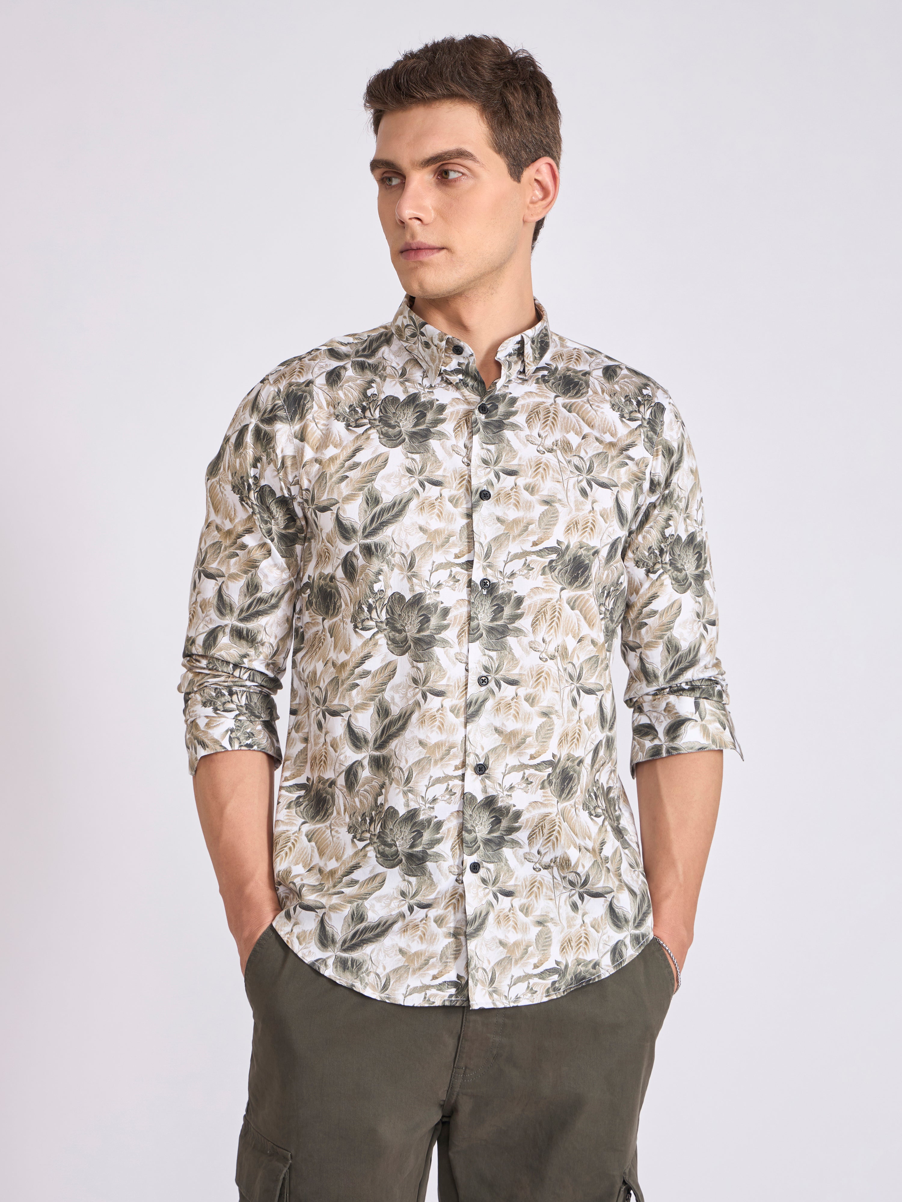 Men's Satin Floral Printed Shirt - Dark Sea Green
