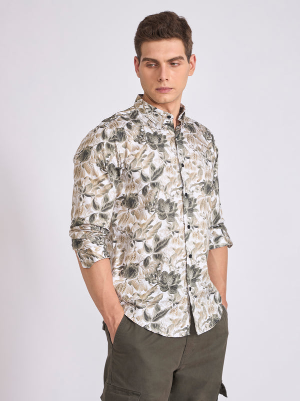 Ulfred - Satin Floral Printed Shirt - Dark Sea Green