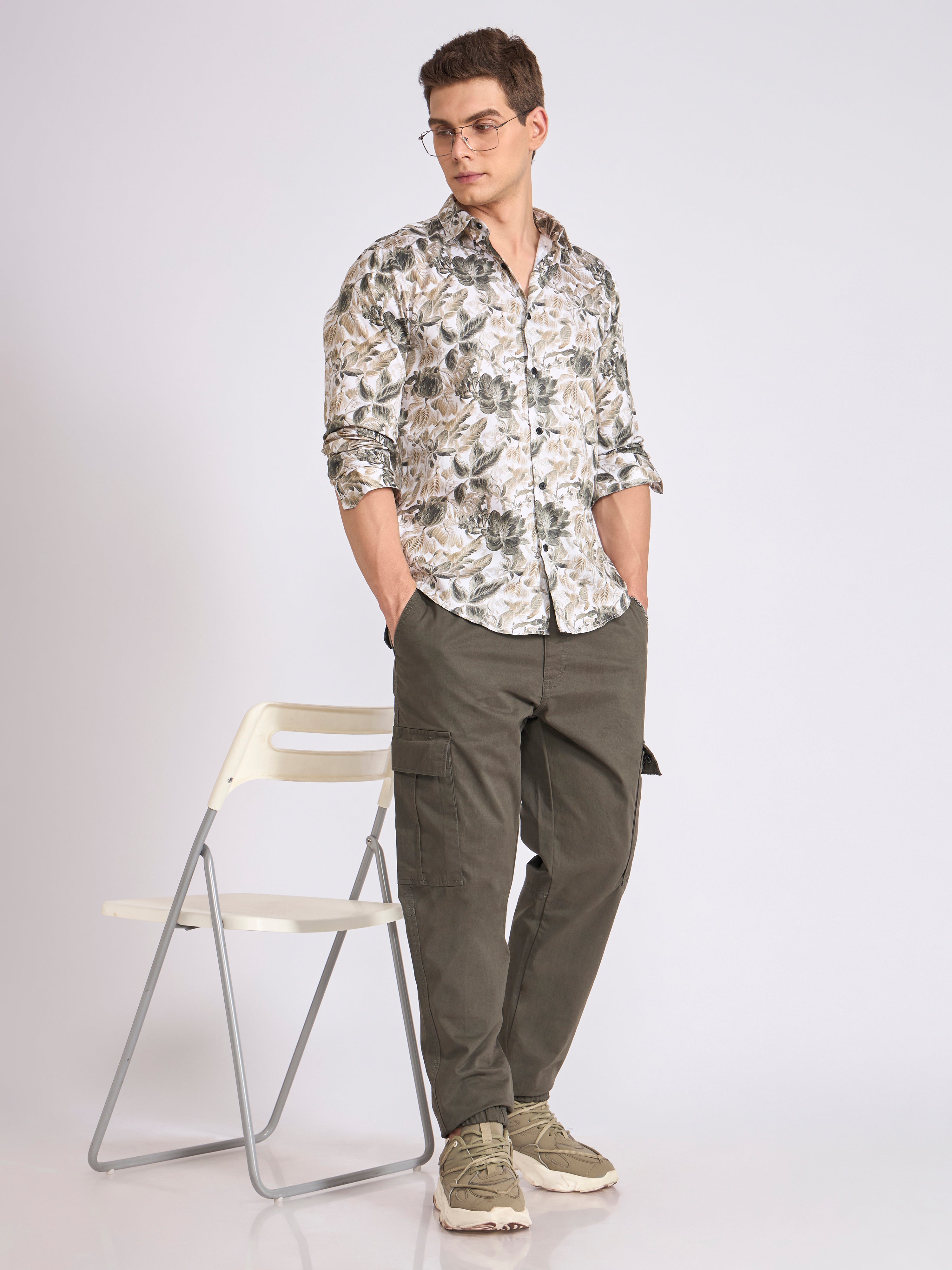 Men's Satin Floral Printed Shirt - Dark Sea Green
