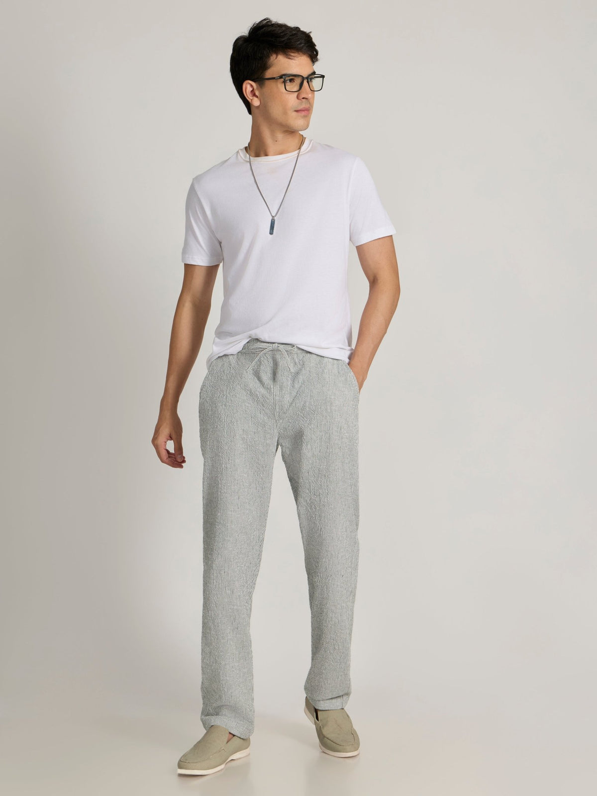 Corbin - Striped Seersucker Trousers - Green - Espanshe