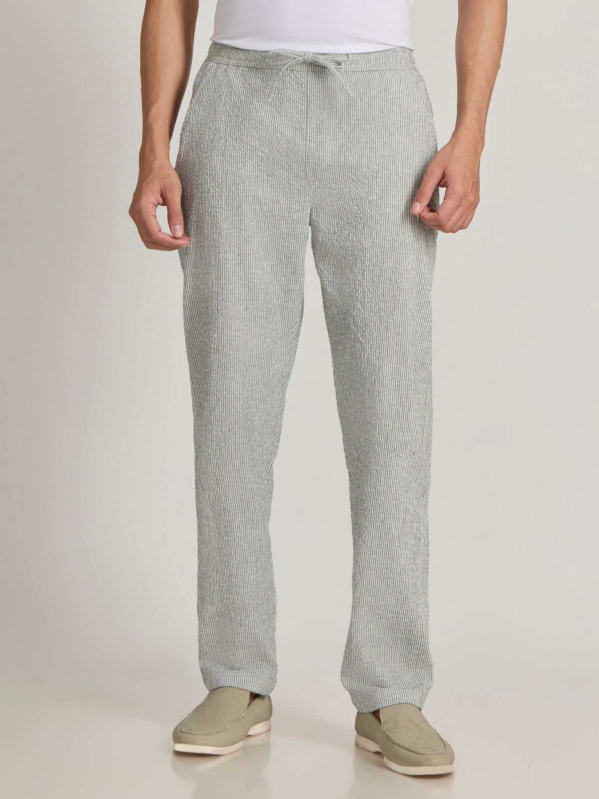 Corbin - Striped Seersucker Trousers - Green - Espanshe