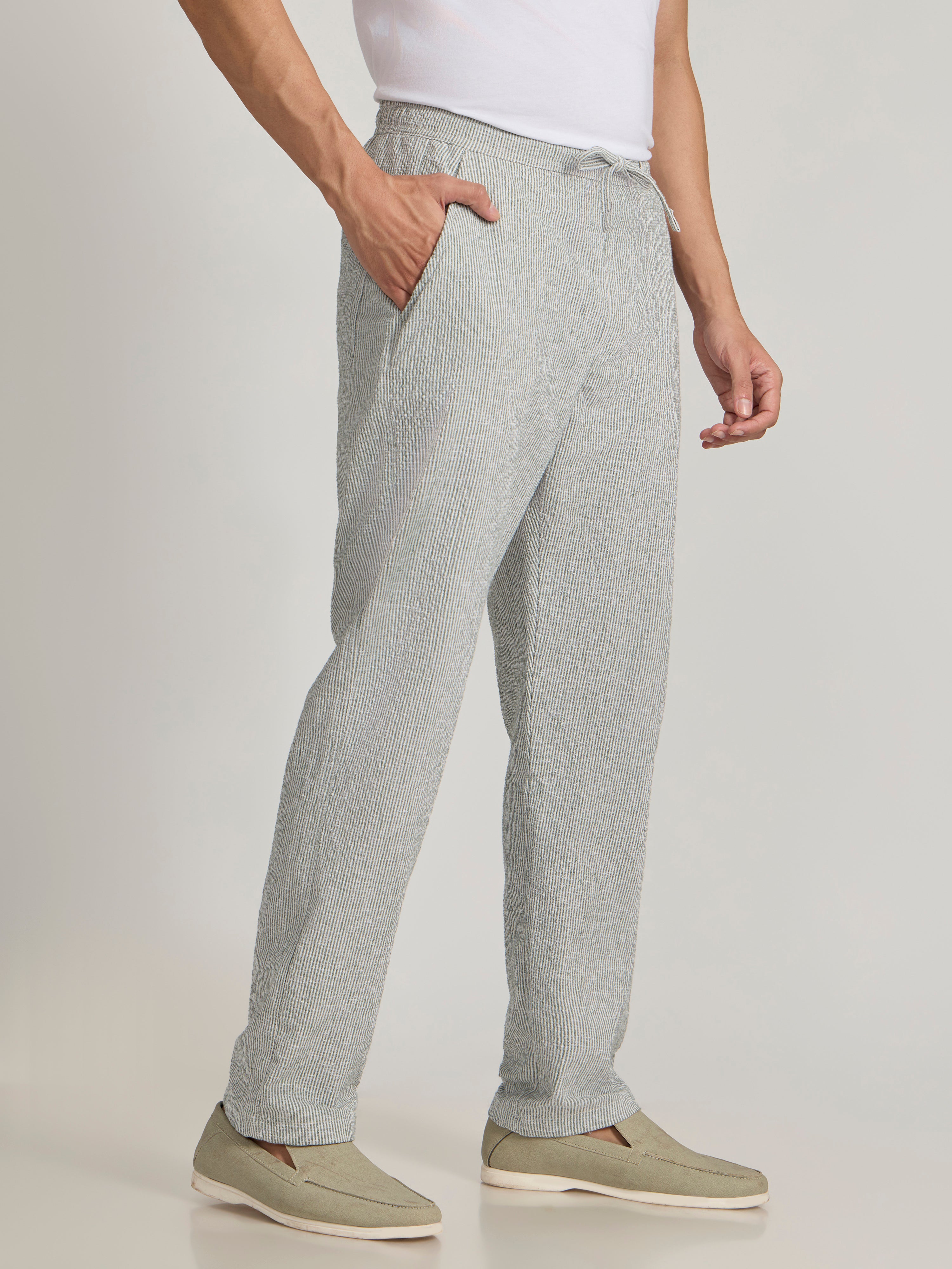 mens Striped Seersucker Trousers - Green