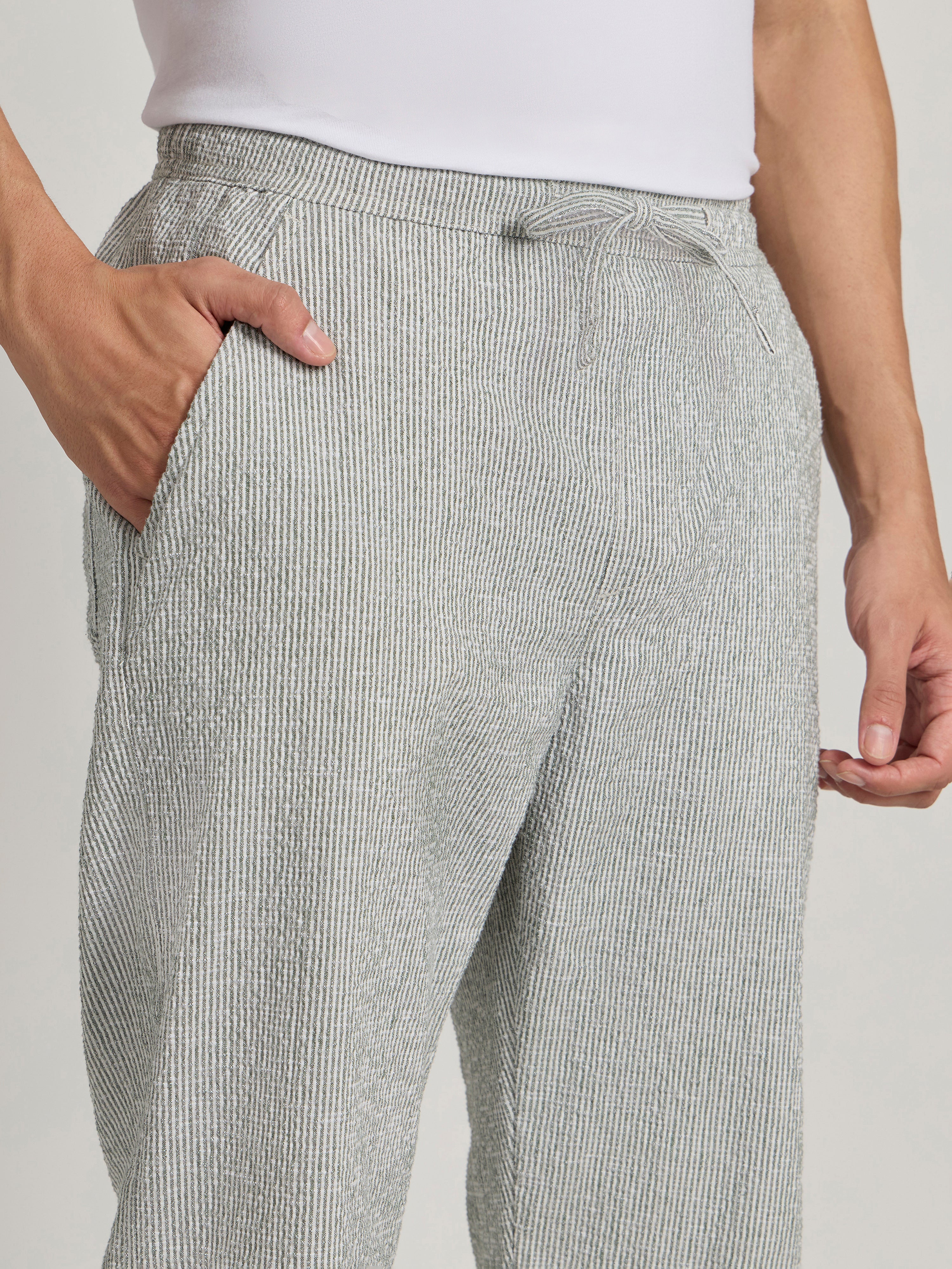 mens Striped Seersucker Trousers - Green