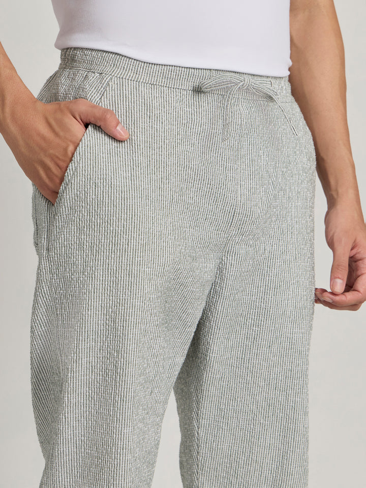 mens Striped Seersucker Trousers - Green