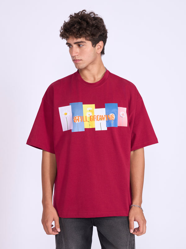 Everston - Still Growing Printed Baggy T-Shirt - Cranberry