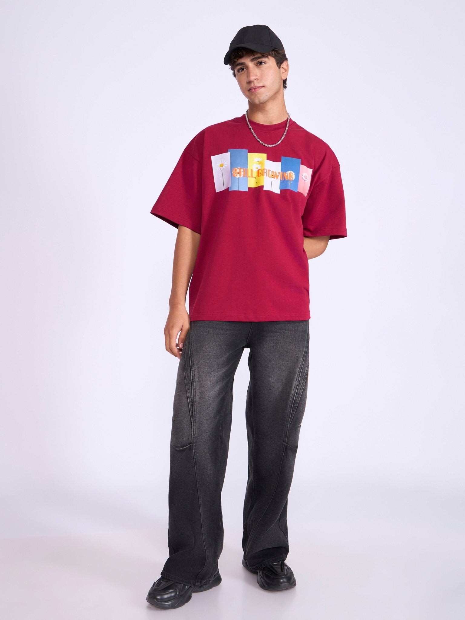Everston - Still Growing Printed Baggy T-Shirt - Cranberry - Espanshe