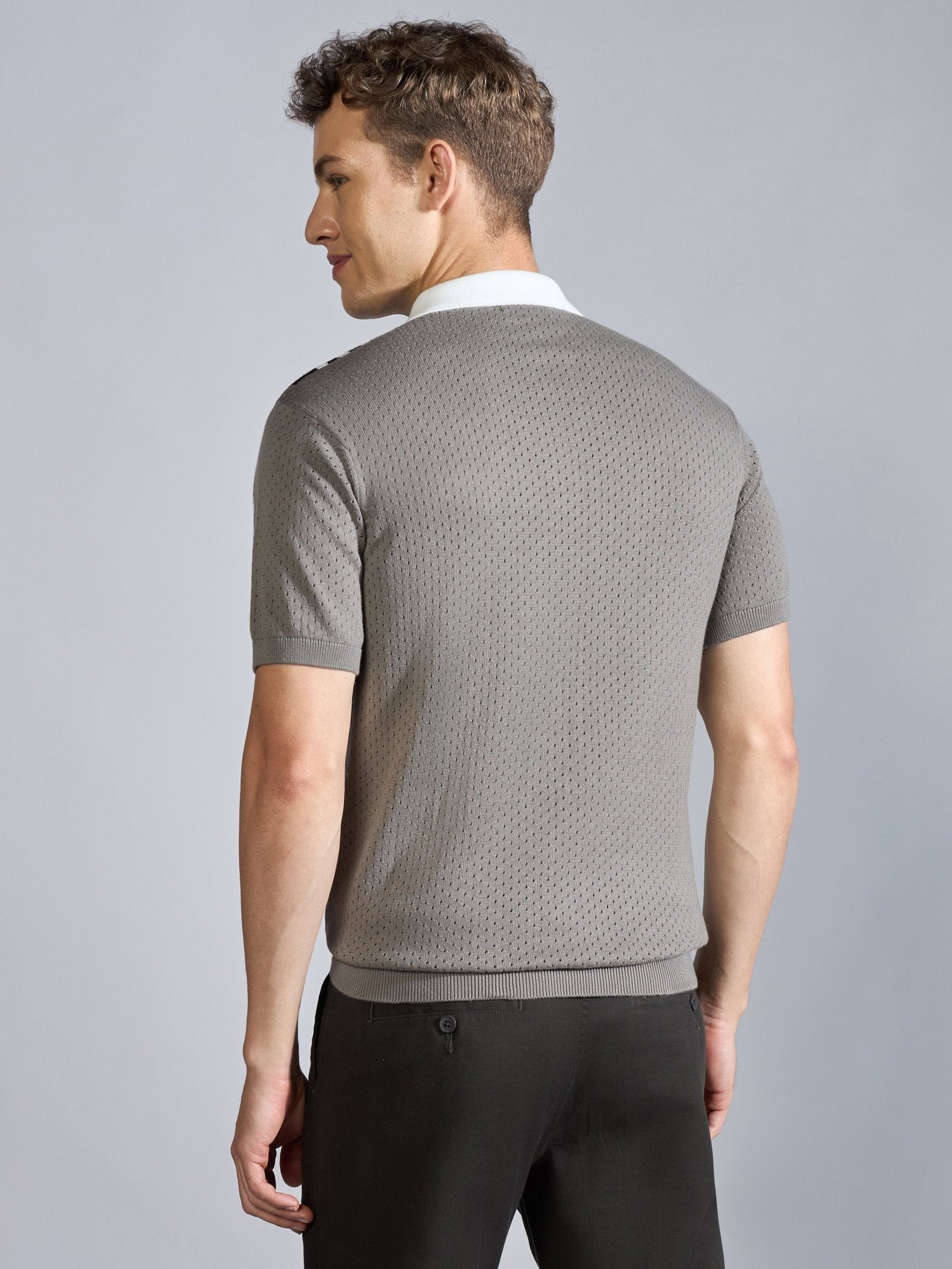 Kikeos-6 - Regular Fit Half Zip Stripe Knit Polo T-Shirt - Brushed Nickel - Espanshe