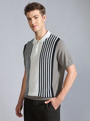 Men's  Regular Fit Half Zip Stripe Knit Polo T-Shirt in brushed nickel