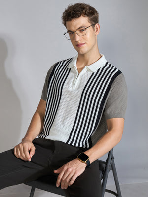Men's  Regular Fit Half Zip Stripe Knit Polo T-Shirt in brushed nickel