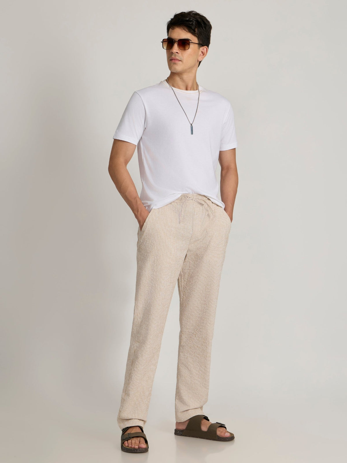 Corbin - Striped Seersucker Trousers - Mustard Beige - Espanshe