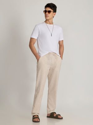 mens Striped Seersucker Trousers - mustard beige