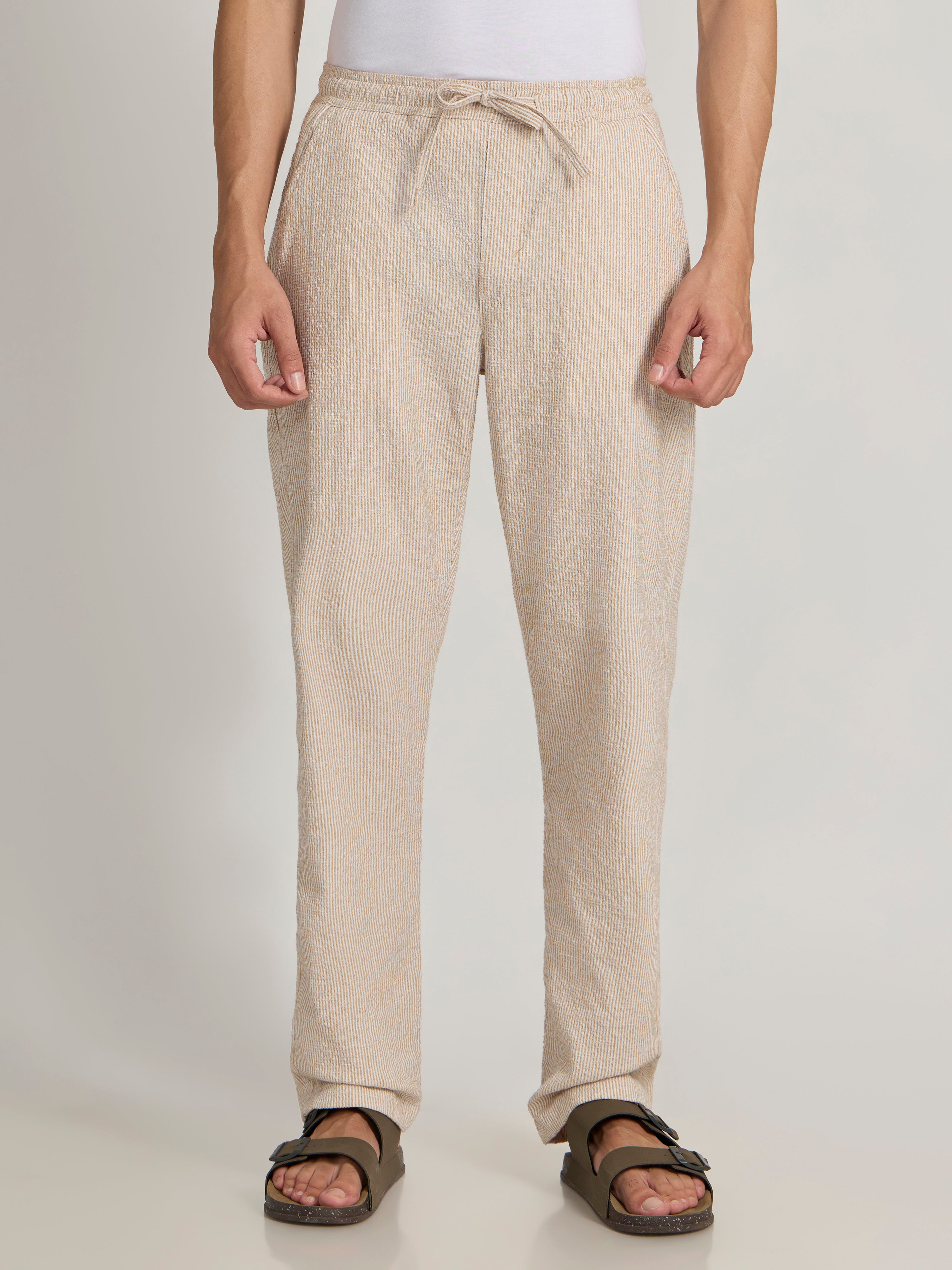 mens Striped Seersucker Trousers - mustard beige