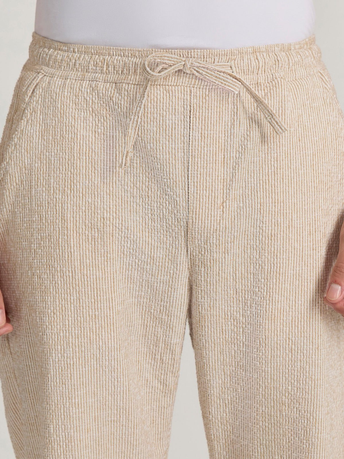 Corbin - Striped Seersucker Trousers - Mustard Beige - Espanshe