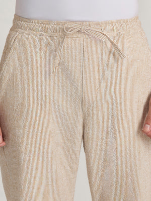 mens Striped Seersucker Trousers - mustard beige