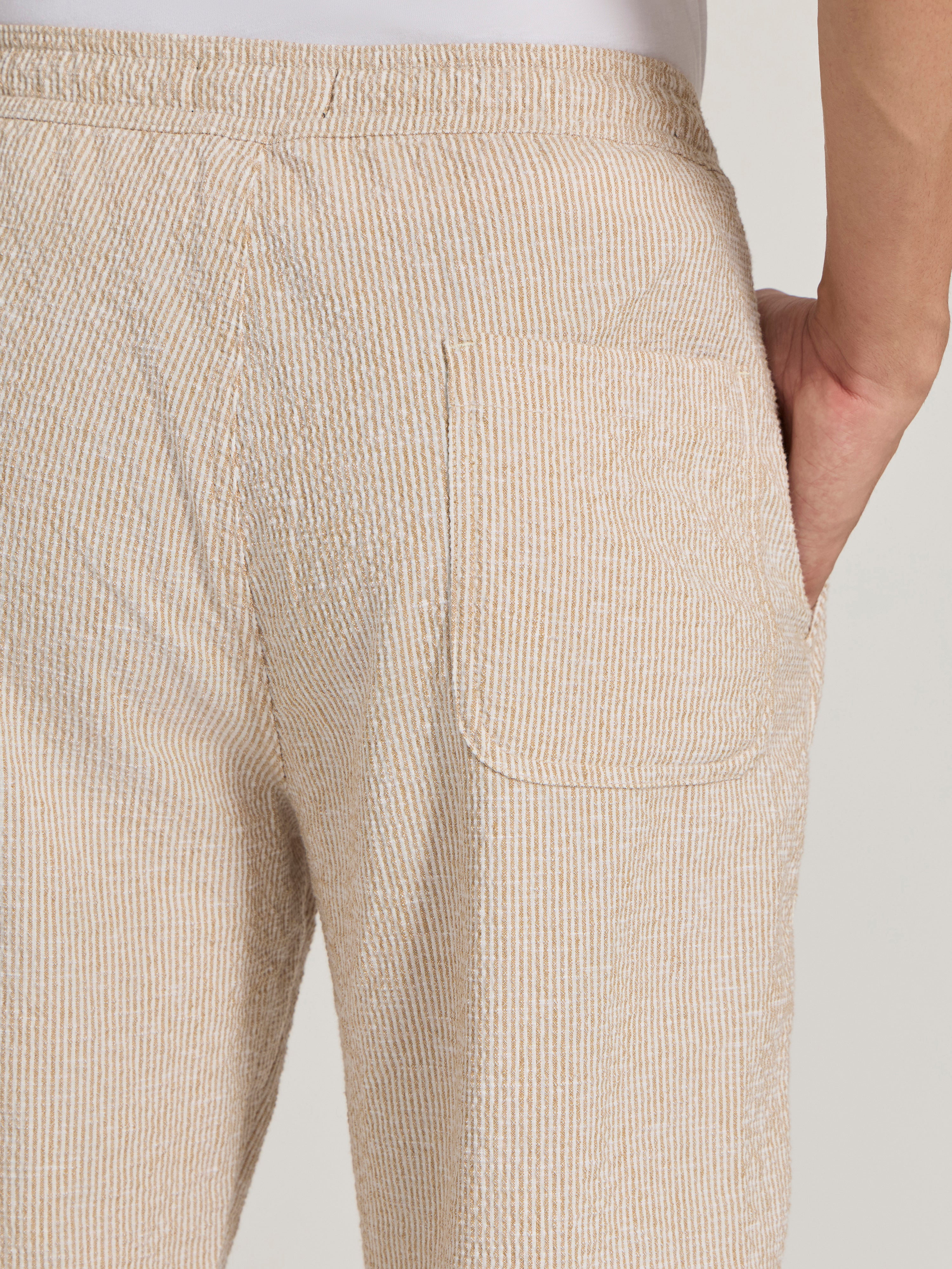 mens Striped Seersucker Trousers - mustard beige