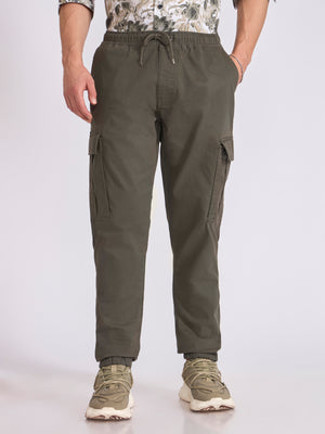 Men's jogger pant in olive green with elasticated drawstring