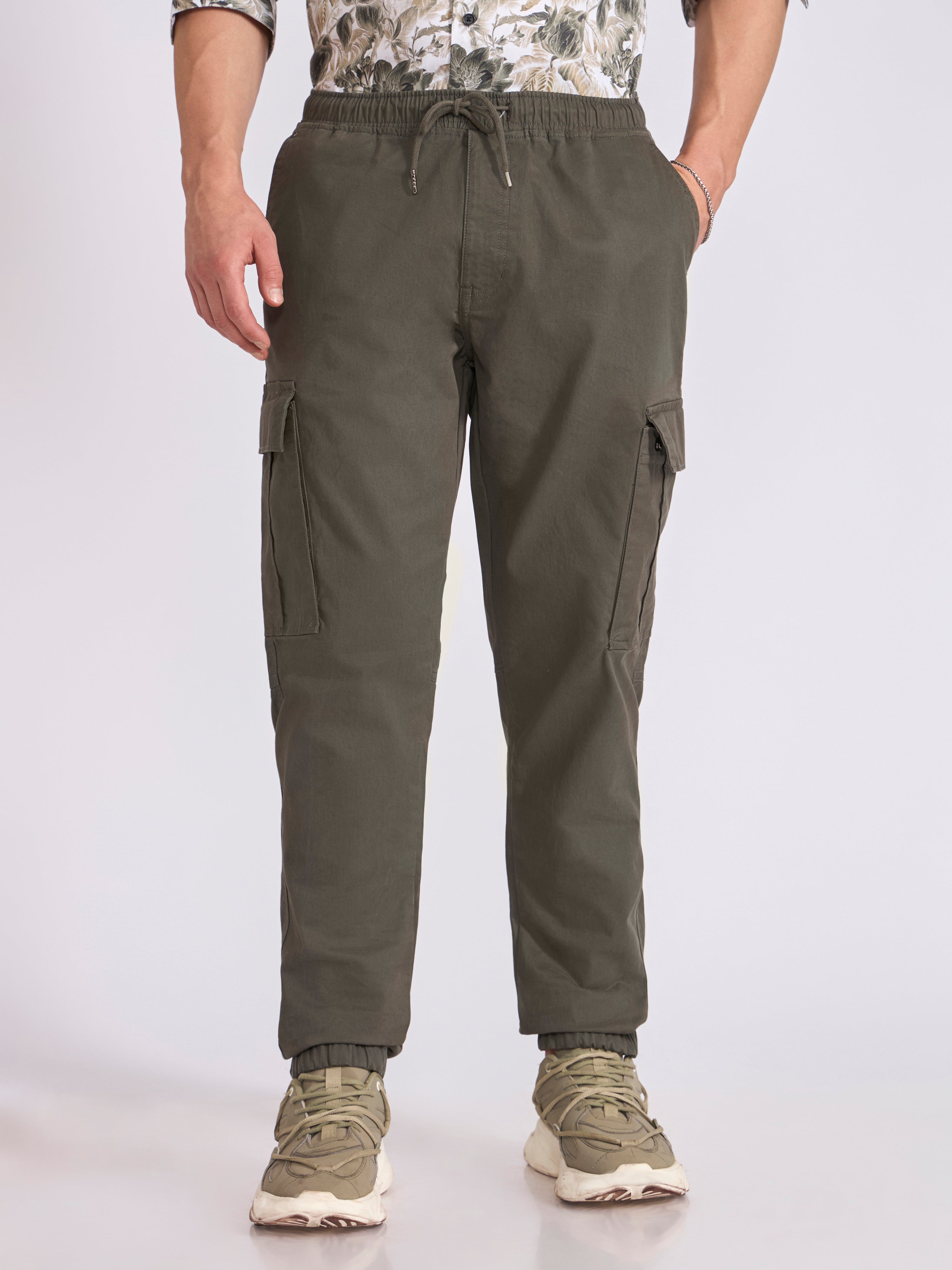 Men's jogger pant in olive green with elasticated drawstring