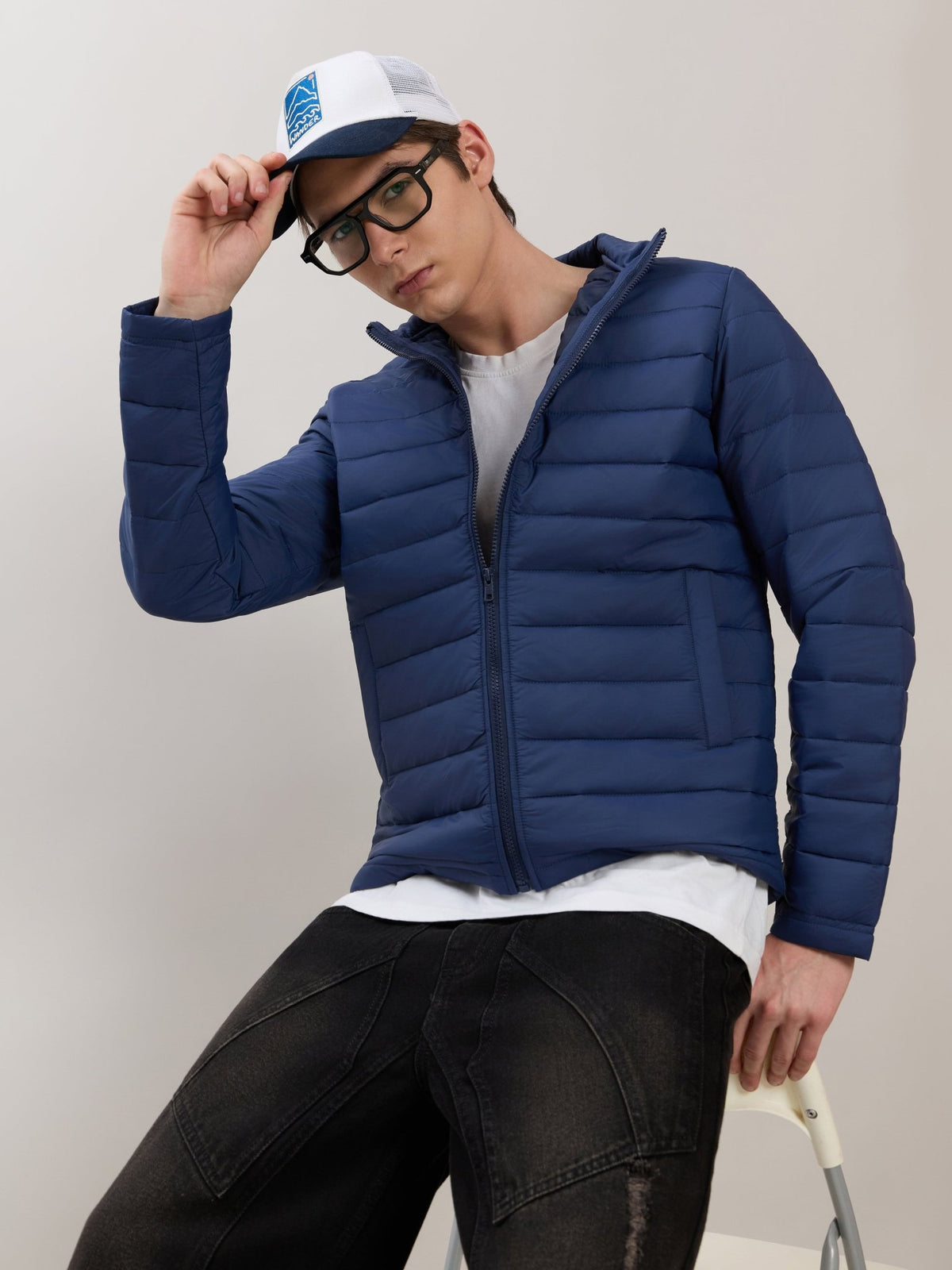 Terra - Regular Zip-Up Puffer Jacket - Navy - Espanshe