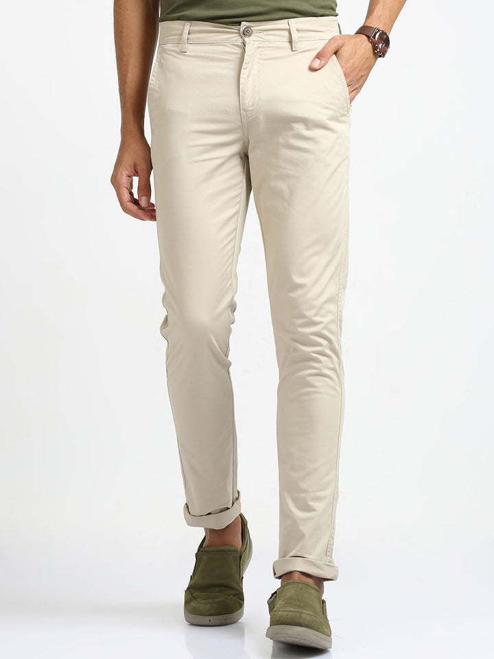 Casual Cream Slim Fit Cotton Trouser For Men's