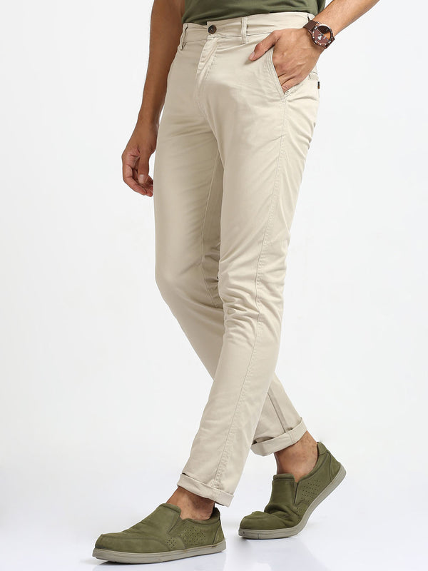 Men's Cream Slim Fit Cotton Trouser